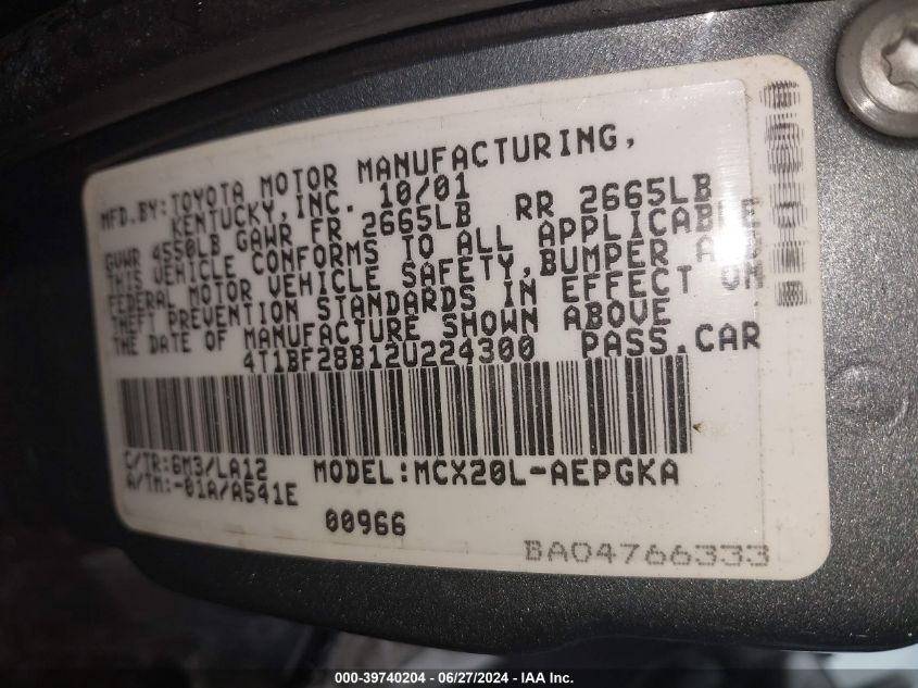 2002 Toyota Avalon Xls VIN: 4T1BF28B12U224300 Lot: 39740204