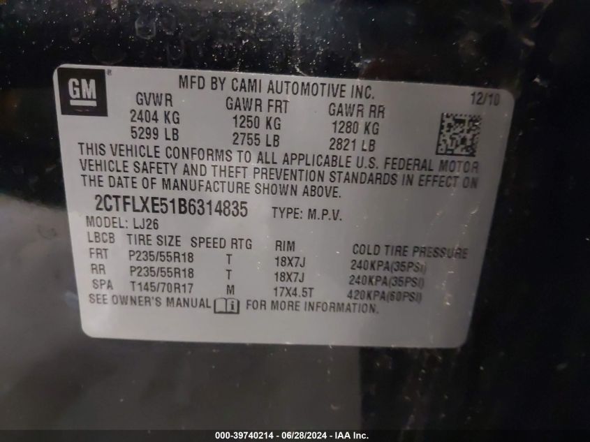 2011 GMC Terrain Slt-2 VIN: 2CTFLXE51B6314835 Lot: 39740214