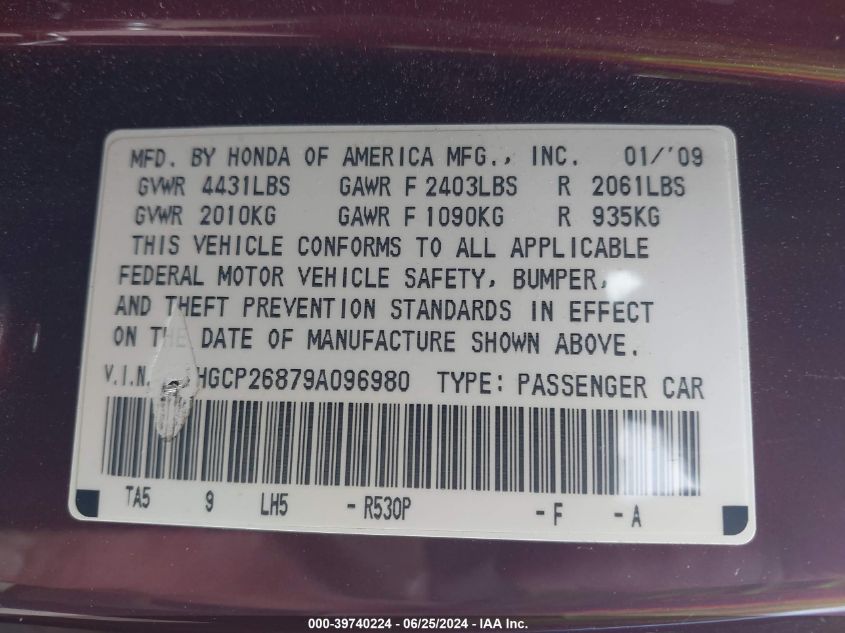 2009 Honda Accord 2.4 Ex-L VIN: 1HGCP26879A096980 Lot: 39740224