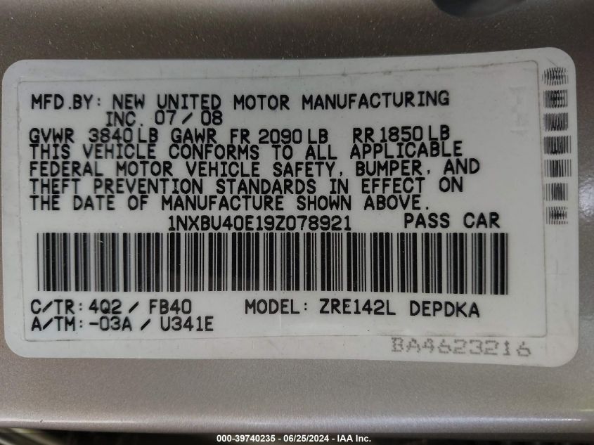 2009 Toyota Corolla Le VIN: 1NXBU40E19Z078921 Lot: 39740235