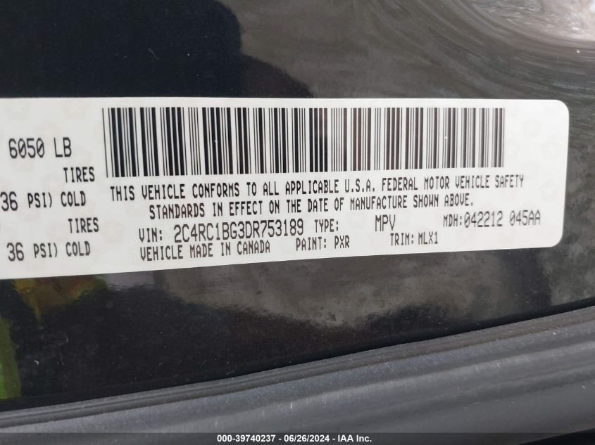 2013 Chrysler Town & Country Touring VIN: 2C4RC1BG3DR753189 Lot: 39740237