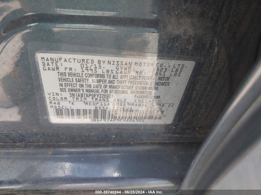 2015 Nissan Sentra Sv VIN: 3N1AB7AP9FY226901 Lot: 39740244