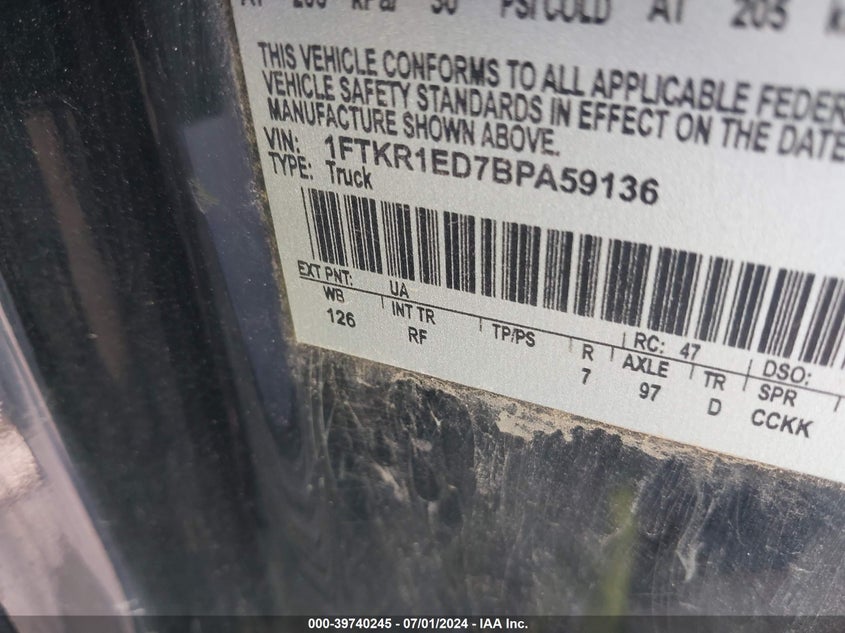 2011 Ford Ranger Xlt VIN: 1FTKR1ED7BPA59136 Lot: 39740245