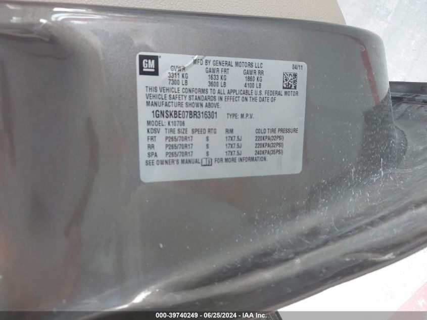 2011 Chevrolet Tahoe Lt VIN: 1GNSKBE07BR316301 Lot: 39740249