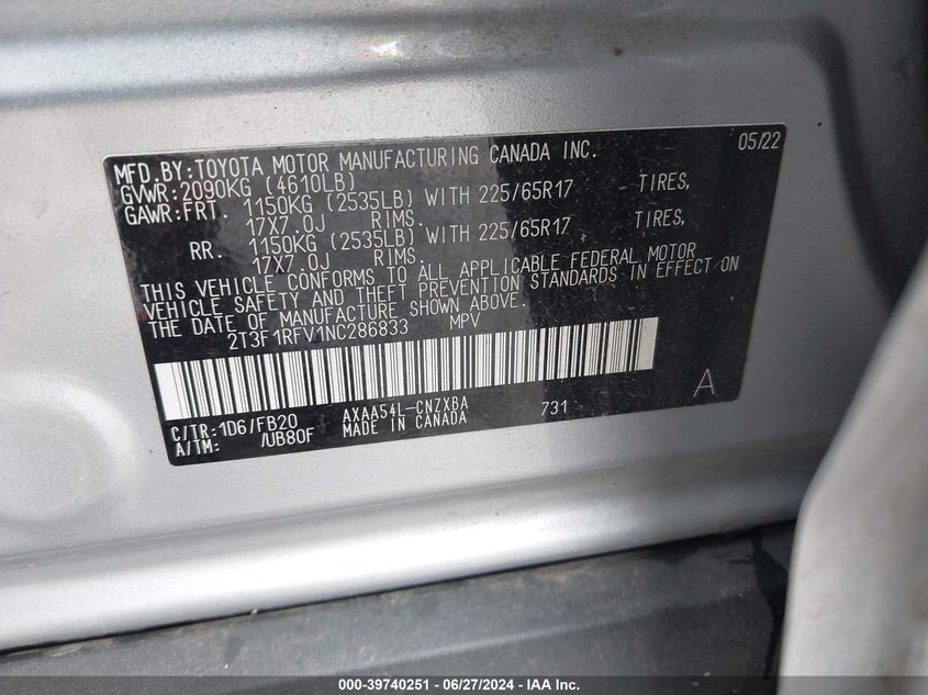 2022 TOYOTA RAV4 2.5L I-4 DI, DOHC, V(VIN: 2T3F1RFV1NC286833