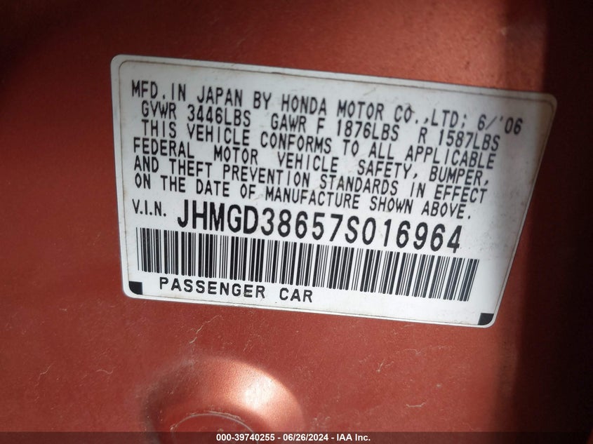 2007 Honda Fit S VIN: JHMGD38657S016964 Lot: 39740255