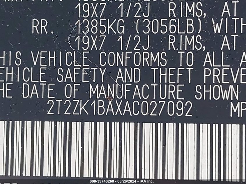 2010 Lexus Rx 350 VIN: 2T2ZK1BAXAC027092 Lot: 39740260