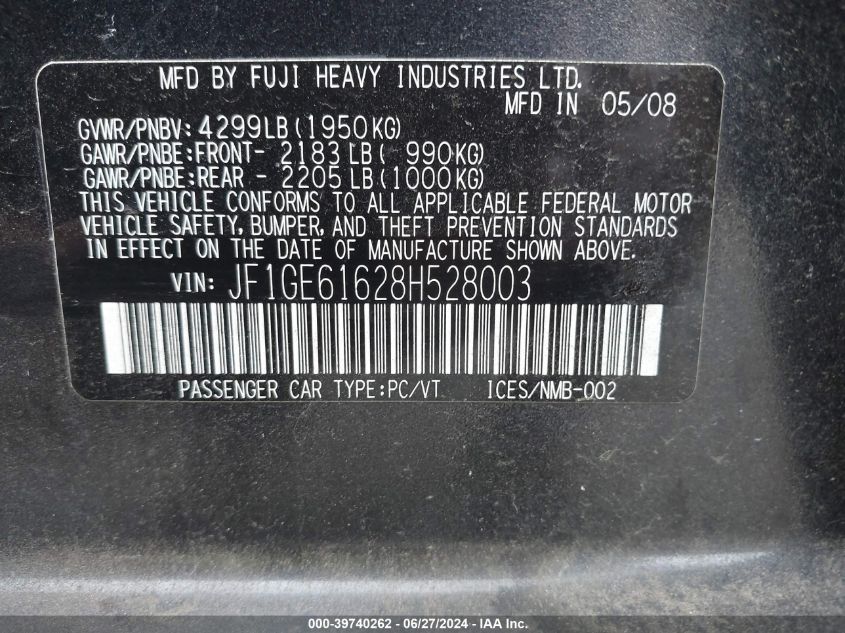 2008 Subaru Impreza 2.5I VIN: JF1GE61628H528003 Lot: 39740262