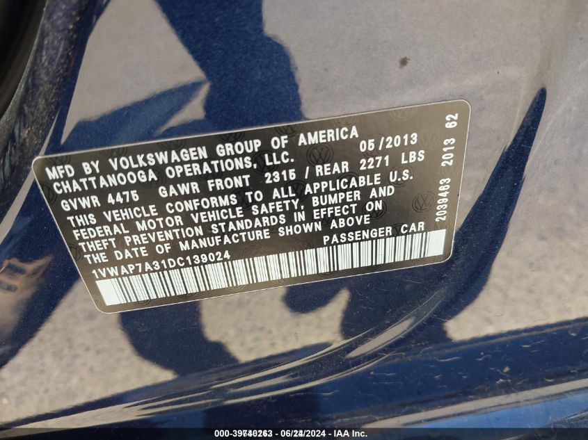 2013 Volkswagen Passat 2.5L S VIN: 1VWAP7A31DC139024 Lot: 39740263