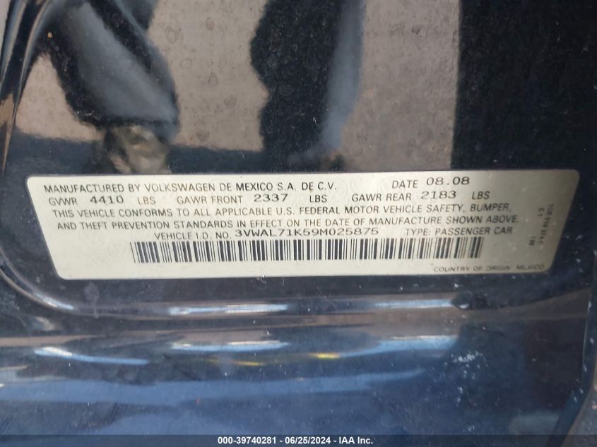 2009 Volkswagen Jetta Tdi VIN: 3VWAL71K59M025875 Lot: 39740281