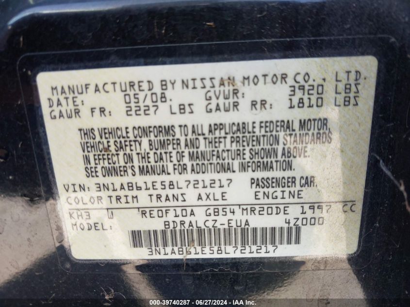 2008 Nissan Sentra 2.0/2.0S/2.0Sl VIN: 3N1AB61E58L721217 Lot: 39740287