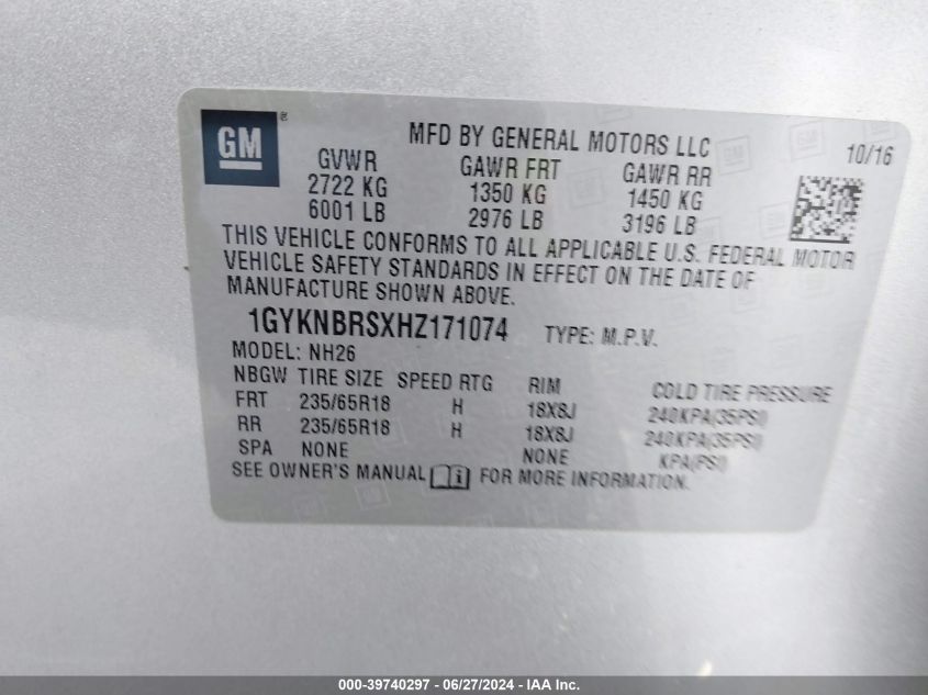 2017 Cadillac Xt5 Luxury VIN: 1GYKNBRSXHZ171074 Lot: 39740297