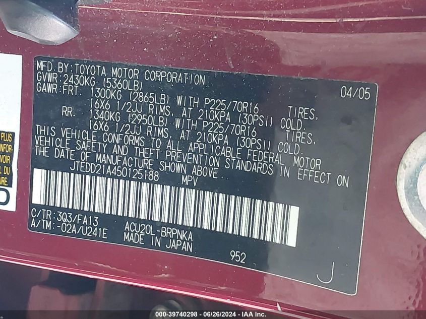 2005 Toyota Highlander VIN: JTEDD21A450125188 Lot: 39740298