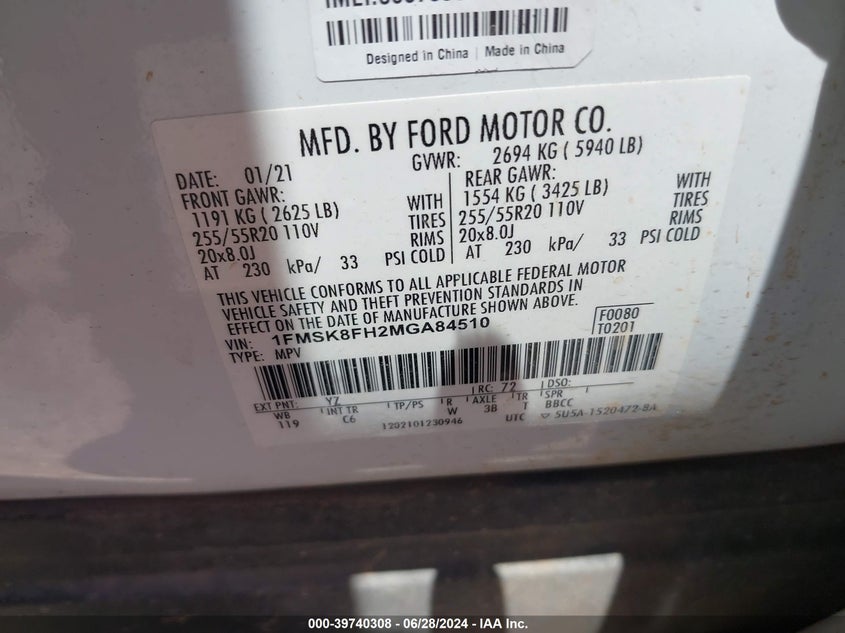 2021 FORD EXPLORER LIMITED - 1FMSK8FH2MGA84510