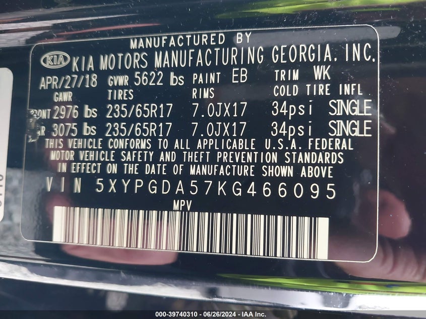 2019 Kia Sorento 3.3L Lx VIN: 5XYPGDA57KG466095 Lot: 39740310