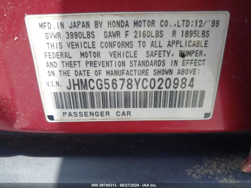 2000 Honda Accord Se VIN: JHMCG5678YC020984 Lot: 39740313