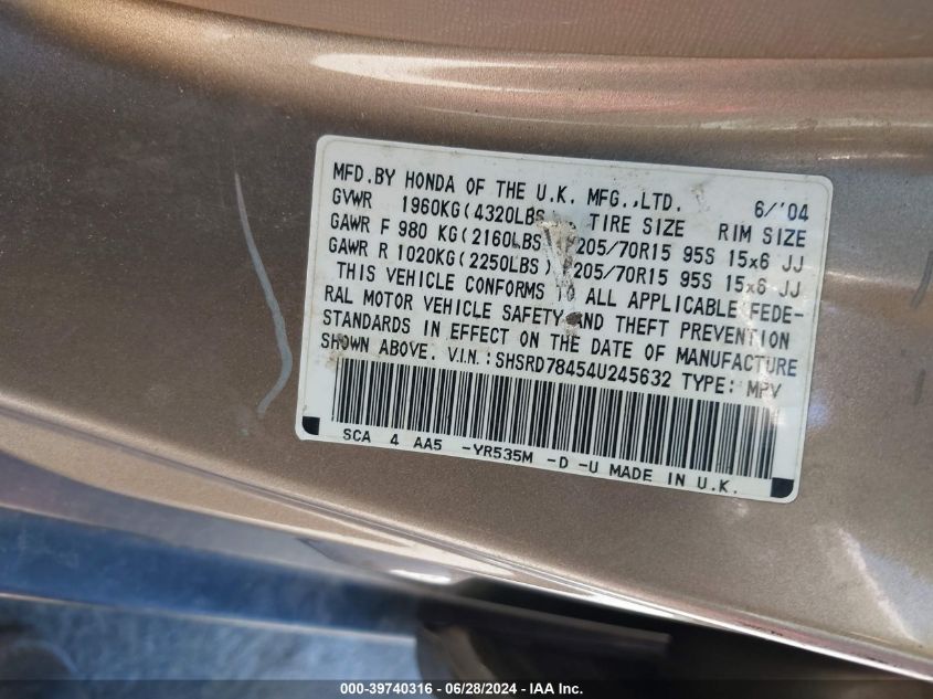 2004 Honda Cr-V Lx VIN: SHSRD78454U245632 Lot: 39740316