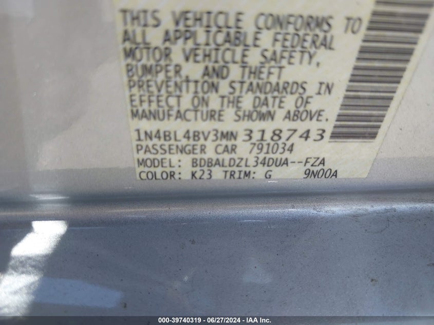 2021 NISSAN ALTIMA 2.5L I-4 DI, DOHC, V(VIN: 1N4BL4BV3MN318743