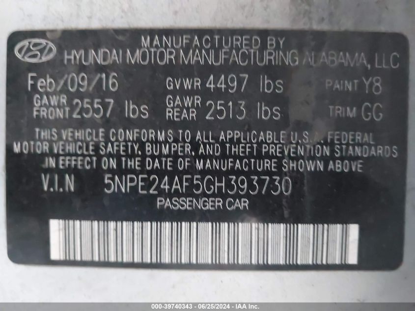 2016 Hyundai Sonata VIN: 5NPE24AF5GH393730 Lot: 39740343