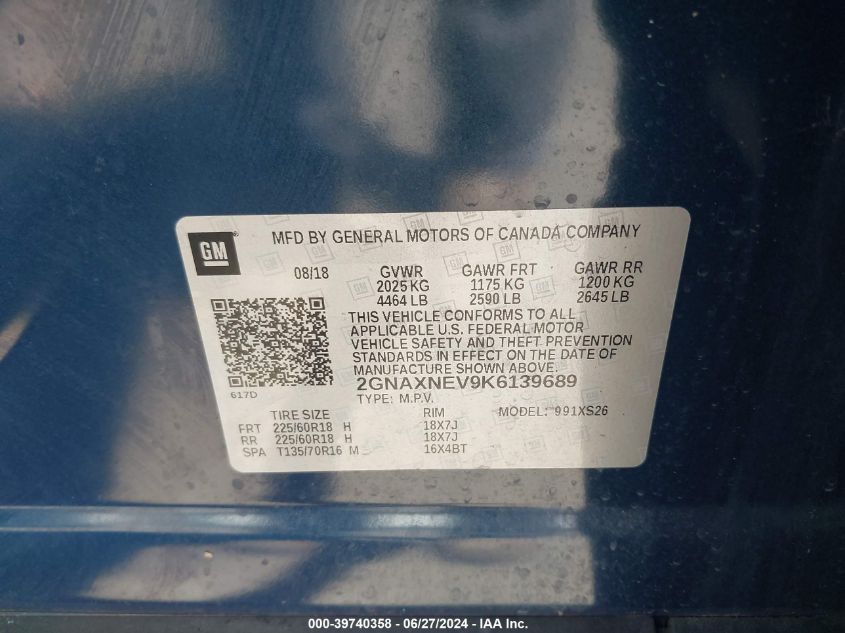 2019 Chevrolet Equinox Premier VIN: 2GNAXNEV9K6139689 Lot: 39740358