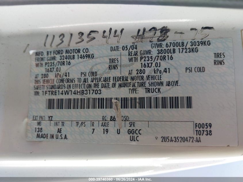 2004 Ford E-150 Commercial/Recreational VIN: 1FTRE14W14HB31703 Lot: 39740360