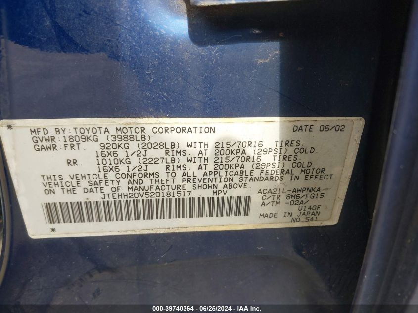 2002 Toyota Rav4 VIN: JTEHH20V520181517 Lot: 39740364