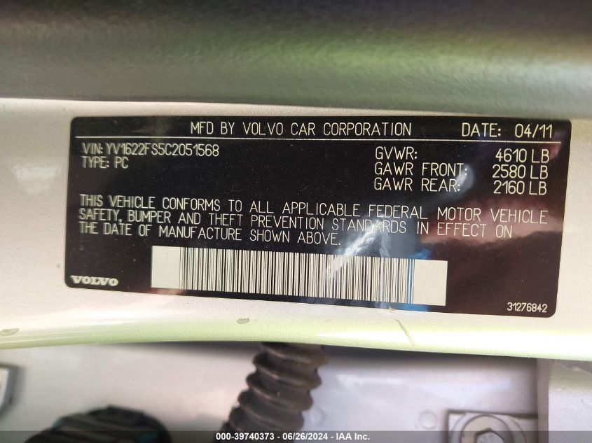 2012 Volvo S60 T5 VIN: YV1622FS5C2051568 Lot: 39740373