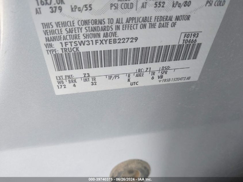 2000 Ford F350 Srw Super Duty VIN: 1FTSW31FXYEB22729 Lot: 39740375