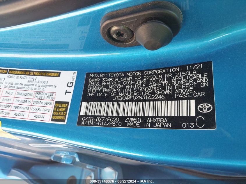 2022 Toyota Prius Night Shade/L/Le/Xle/Limi VIN: JTDKAMFUXN3162246 Lot: 39740376