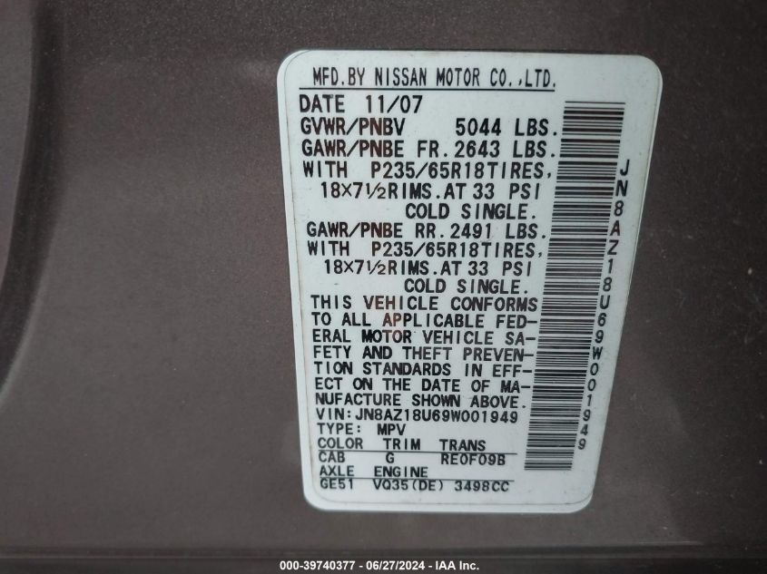 2009 Nissan Murano Sl VIN: JN8AZ18U69W001949 Lot: 39740377