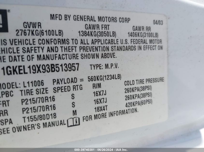 2003 GMC Safari Sle VIN: 1GKEL19X93B513957 Lot: 39740381