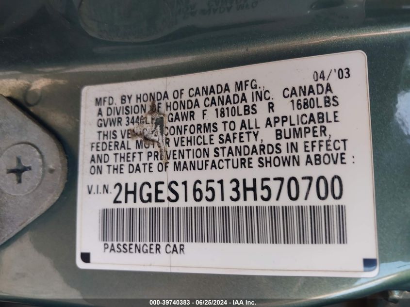 2003 Honda Civic Lx VIN: 2HGES16513H570700 Lot: 39740383