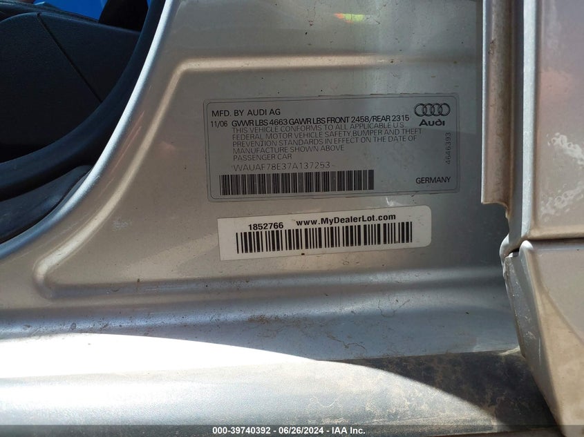 2007 Audi A4 2.0T VIN: WAUAF78E37A137253 Lot: 39740392
