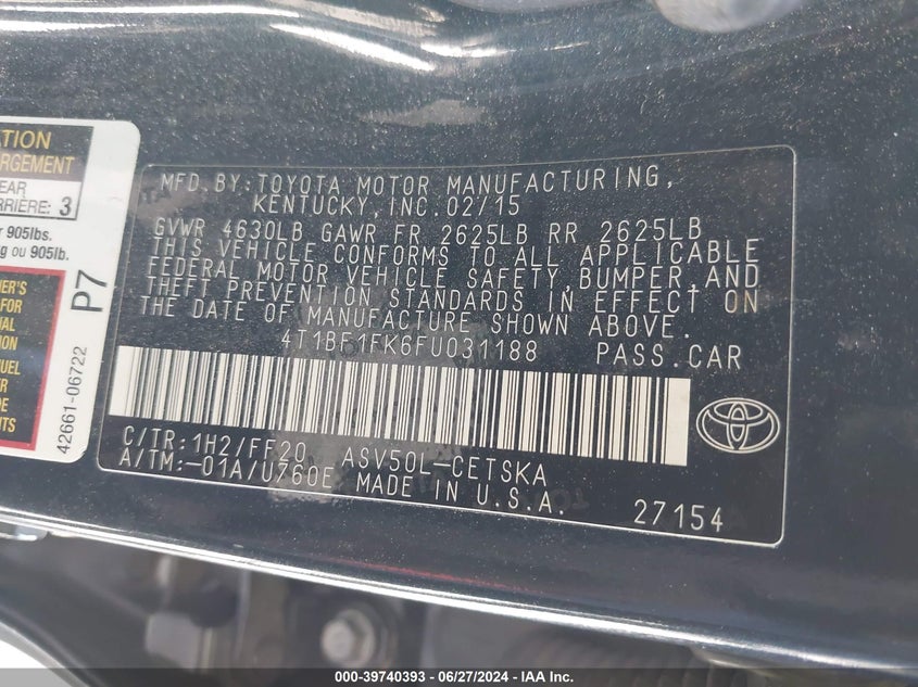 2015 Toyota Camry Le/Xle/Se/Xse VIN: 4T1BF1FK6FU031188 Lot: 39740393