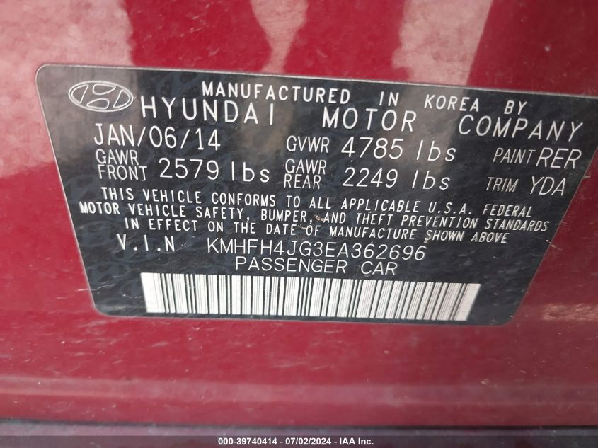 2014 Hyundai Azera Limited VIN: KMHFH4JG3EA362696 Lot: 39740414