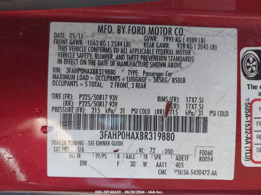 2011 Ford Fusion Se VIN: 3FAHP0HAXBR319880 Lot: 39740420