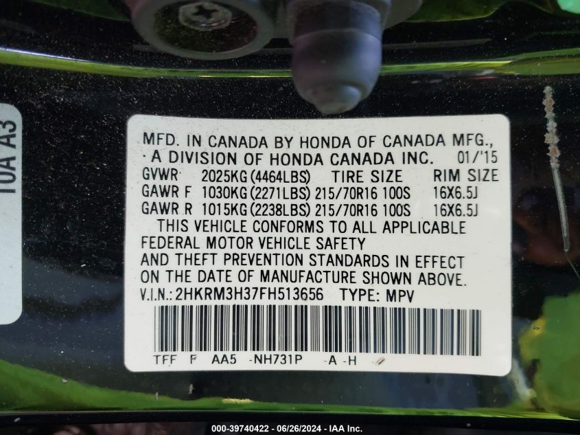 2015 Honda Cr-V Lx VIN: 2HKRM3H37FH513656 Lot: 39740422