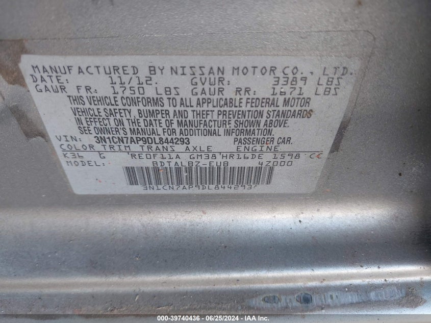 2013 Nissan Versa 1.6 Sv VIN: 3N1CN7AP9DL844293 Lot: 39740436