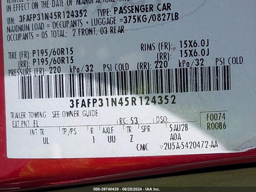 2005 Ford Focus Zx3 VIN: 3FAFP31N45R124352 Lot: 39740439