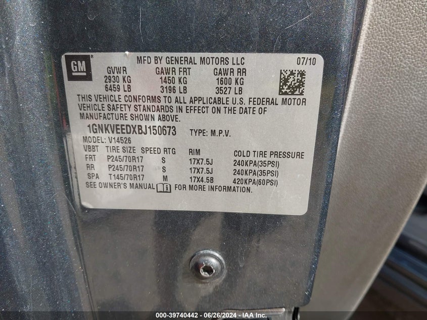 2011 Chevrolet Traverse Ls VIN: 1GNKVEEDXBJ150673 Lot: 39740442