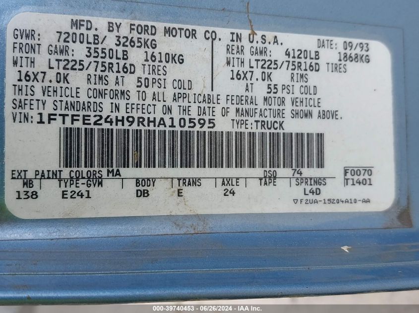 1994 Ford Econoline E250 Van VIN: 1FTFE24H9RHA10595 Lot: 39740453