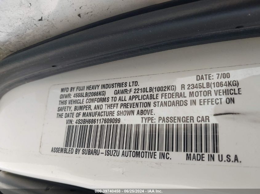 2001 Subaru Outback Limited VIN: 4S3BH686117609099 Lot: 39740458