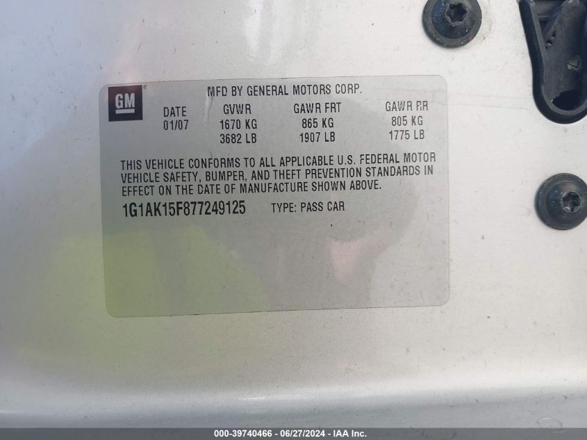 2007 Chevrolet Cobalt Ls VIN: 1G1AK15F877249125 Lot: 39740466
