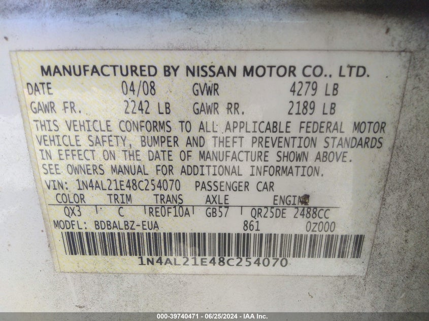 2008 Nissan Altima 2.5 S VIN: 1N4AL21E48C254070 Lot: 39740471