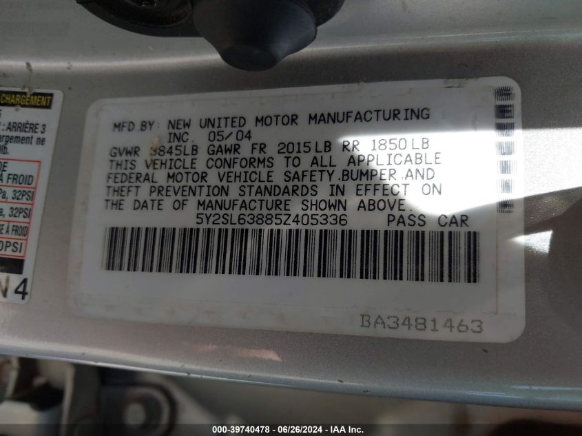 2005 Pontiac Vibe VIN: 5Y2SL63885Z405336 Lot: 39740478