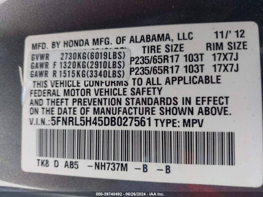 2013 Honda Odyssey Ex VIN: 5FNRL5H45DB027561 Lot: 39740492