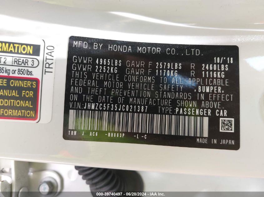 2018 Honda Clarity Plug-In Hybrid Touring VIN: JHMZC5F35JC021387 Lot: 39740497