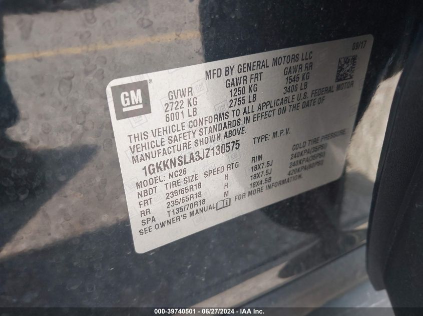 2018 GMC Acadia Sle-2 VIN: 1GKKNSLA3JZ130575 Lot: 39740501