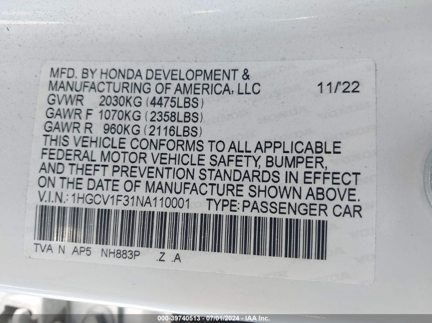 2022 Honda Accord Sport VIN: 1HGCV1F31NA110001 Lot: 39740513