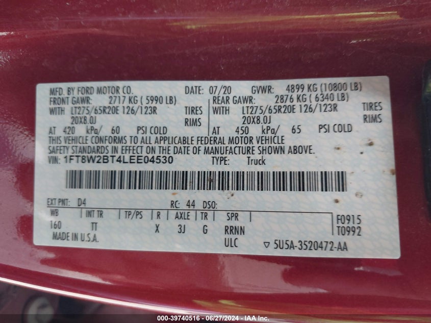 2020 Ford F-250 Limited VIN: 1FT8W2BT4LEE04530 Lot: 39740516